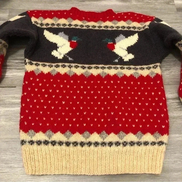 Woolrich Vintage Nordic Bird Fair Isle Wool Sweater Red Cream Pullover Sz S - Picture 7 of 7